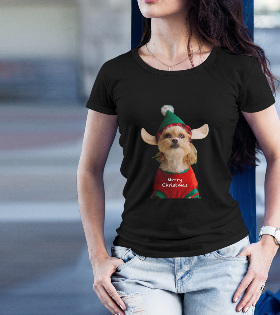 Merry Christmas Cute Elf Dog T-Shirt