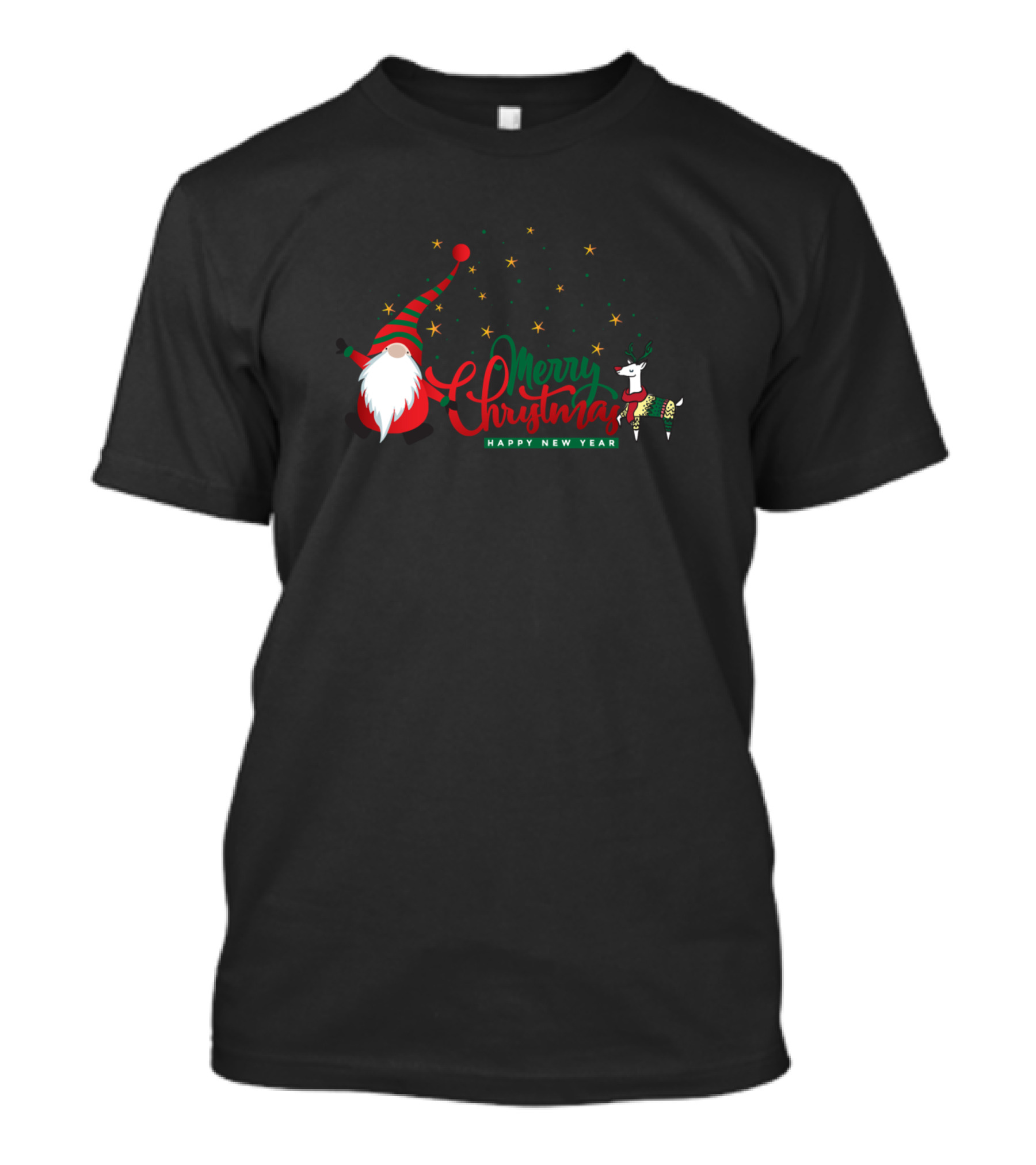 Merry Christmas Happy New Year Santa Claus Elf With Reindeer And Stars T-Shirt