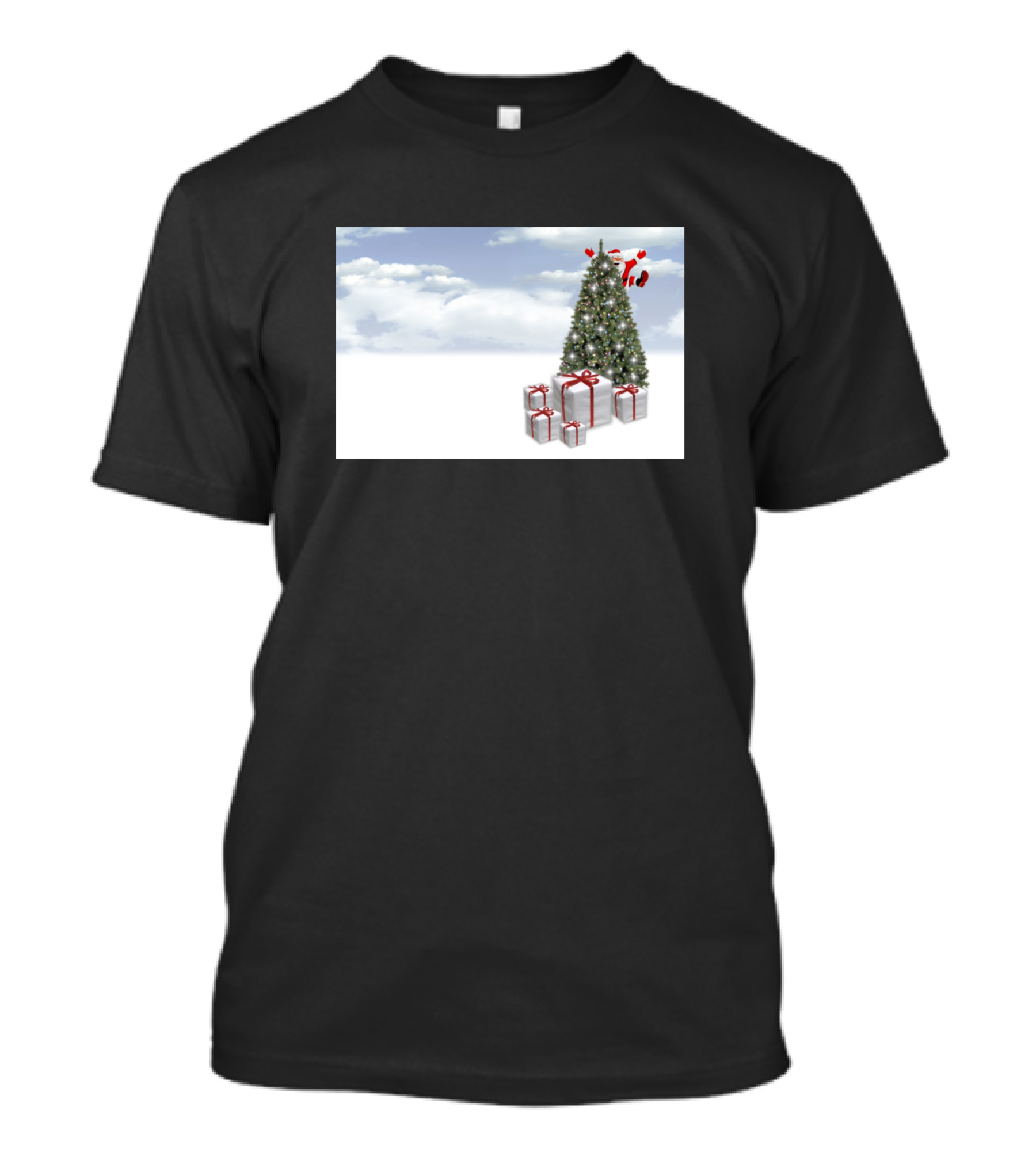Christmas Tree Santa Flying Above Gift Boxes In Snowy Sky T-Shirt
