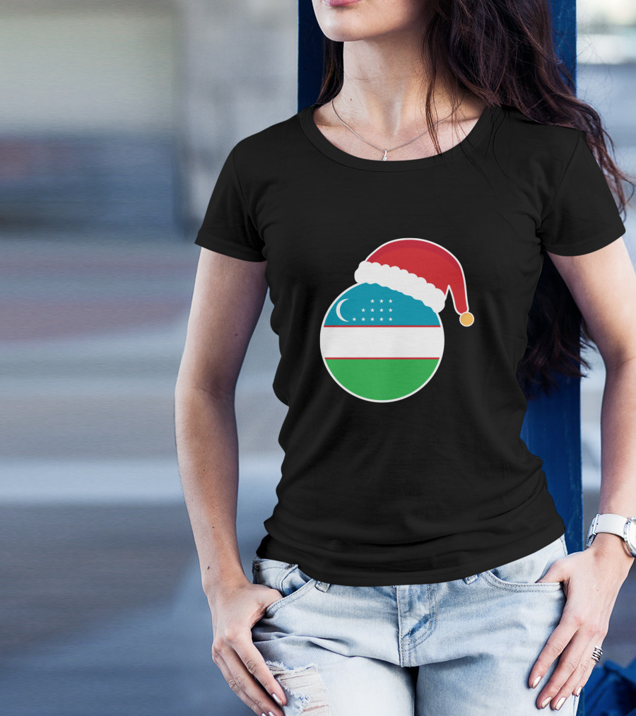 Uzbekistan Flag Circle With Santa Hat Christmas T-Shirt