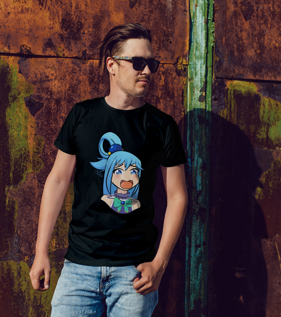 Crybaby Aqua Anime Character With Blue Hair And Blushing Face T-Shirt