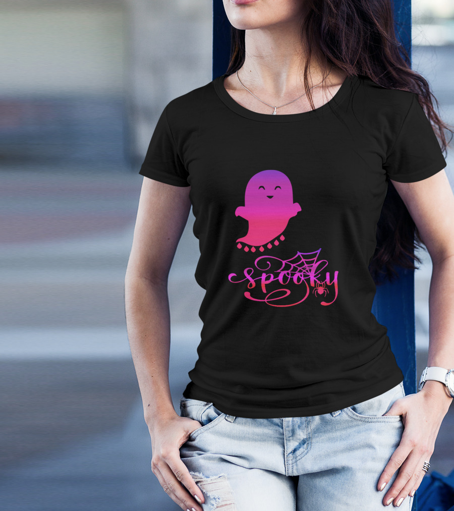 Spooky Cute Ghost With Spider And Web T-Shirt