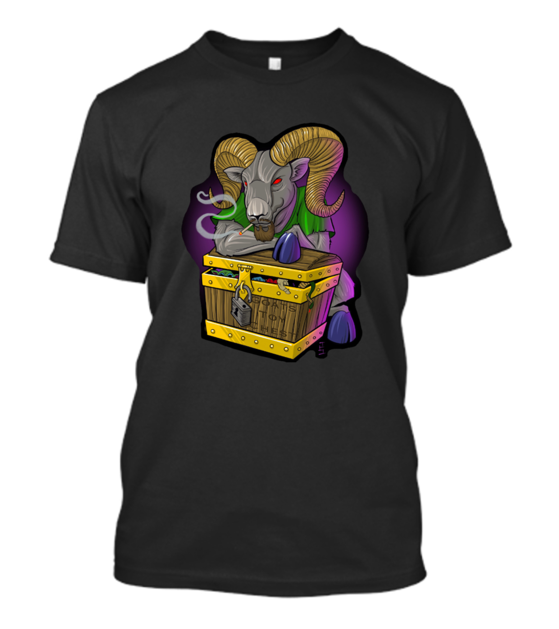 Goats Smoking Ram Sitting On Locked Toy Chest With Purple Background T-Shirt