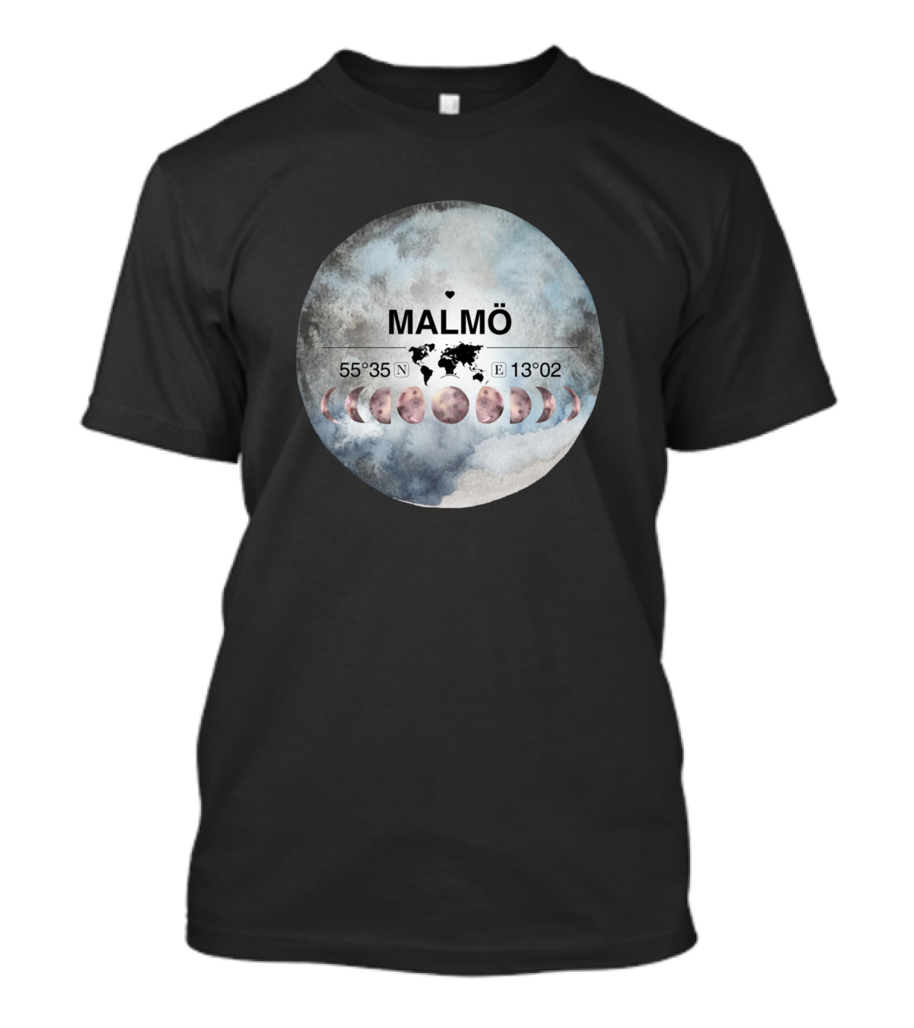 Malmö Coordinates Moon Phases Watercolor Map Sweden T-Shirt