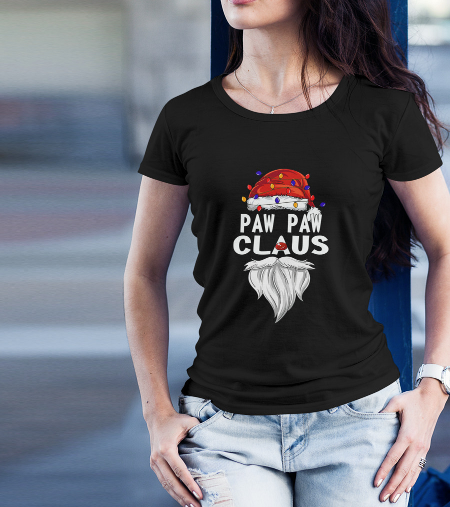 Paw Paw Claus Santa Claus Hat Beard Christmas Lights T-Shirt