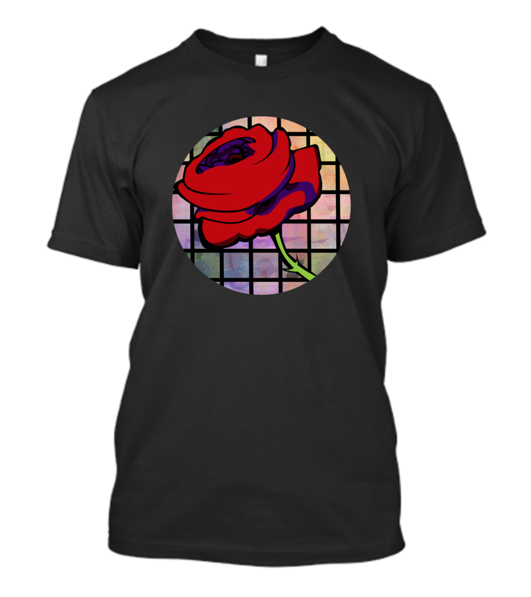 Red Rose On Colorful Grid Background T-Shirt