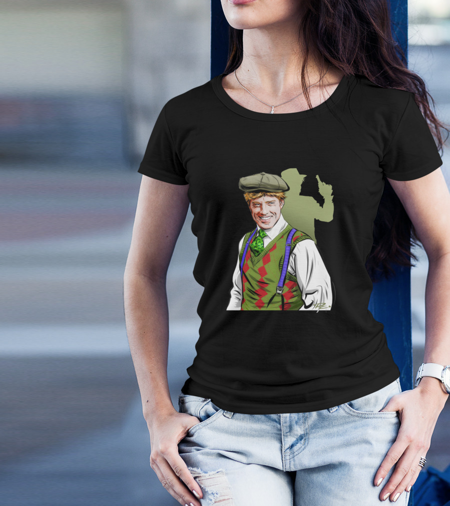 Robert Redford Illustration Paul Cemmick Green Argyle Vest Flat Cap Shadow T-Shirt