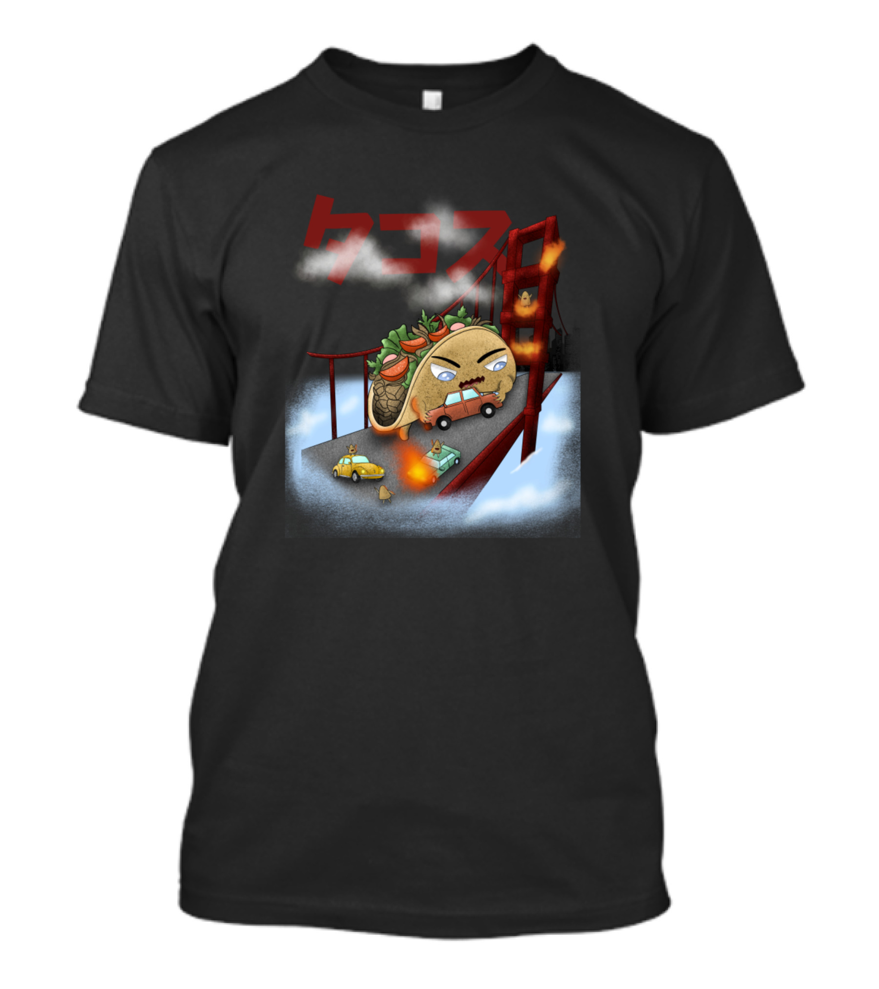 Taco The Destroyer Rampaging At Golden Gate Bridge With Cars And Japanese Text T-Shirt