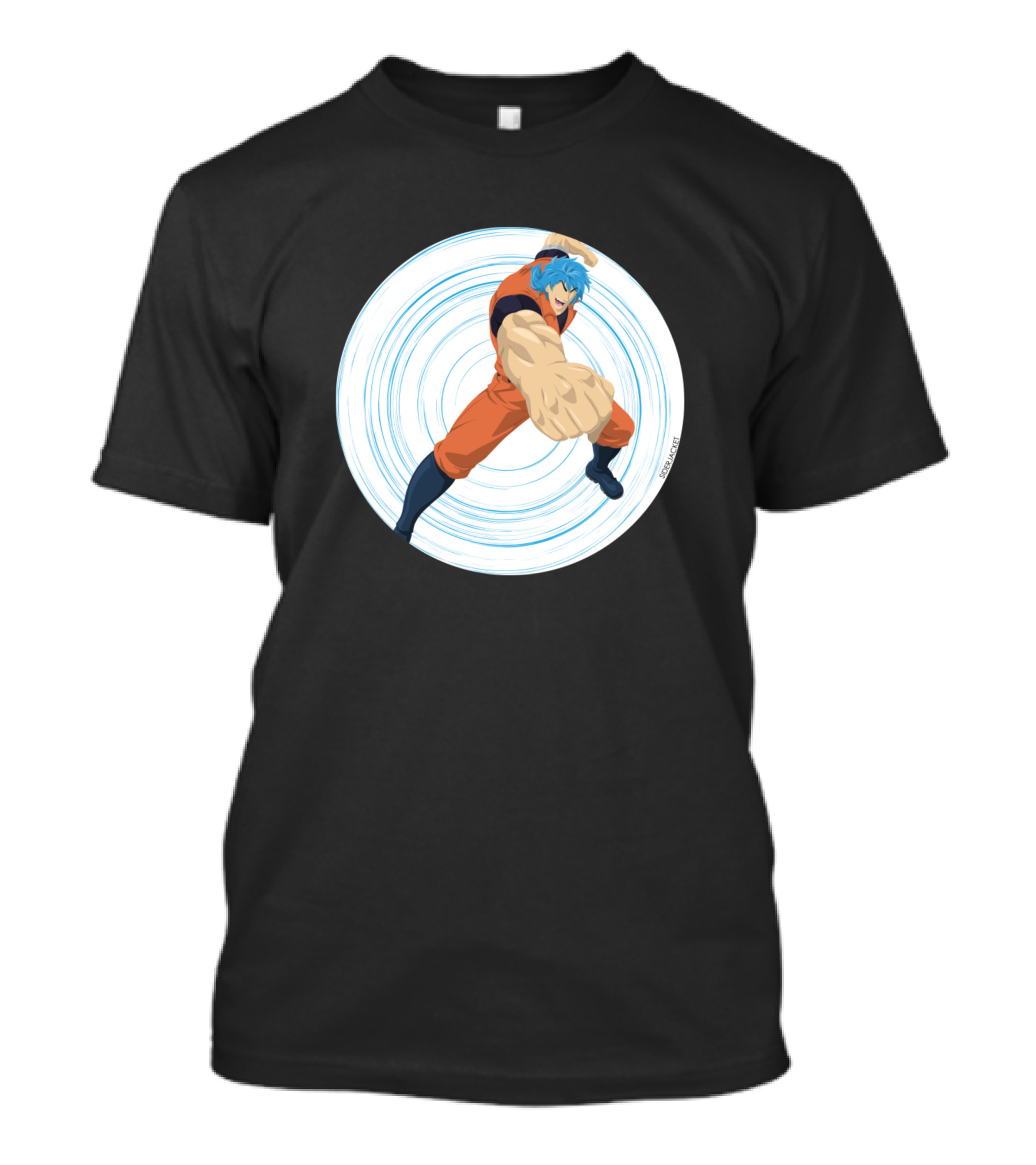 The Food Fighter Parody Anime Style Fighter With Blue Hair Orange Outfit Spiral Background T-Shirt