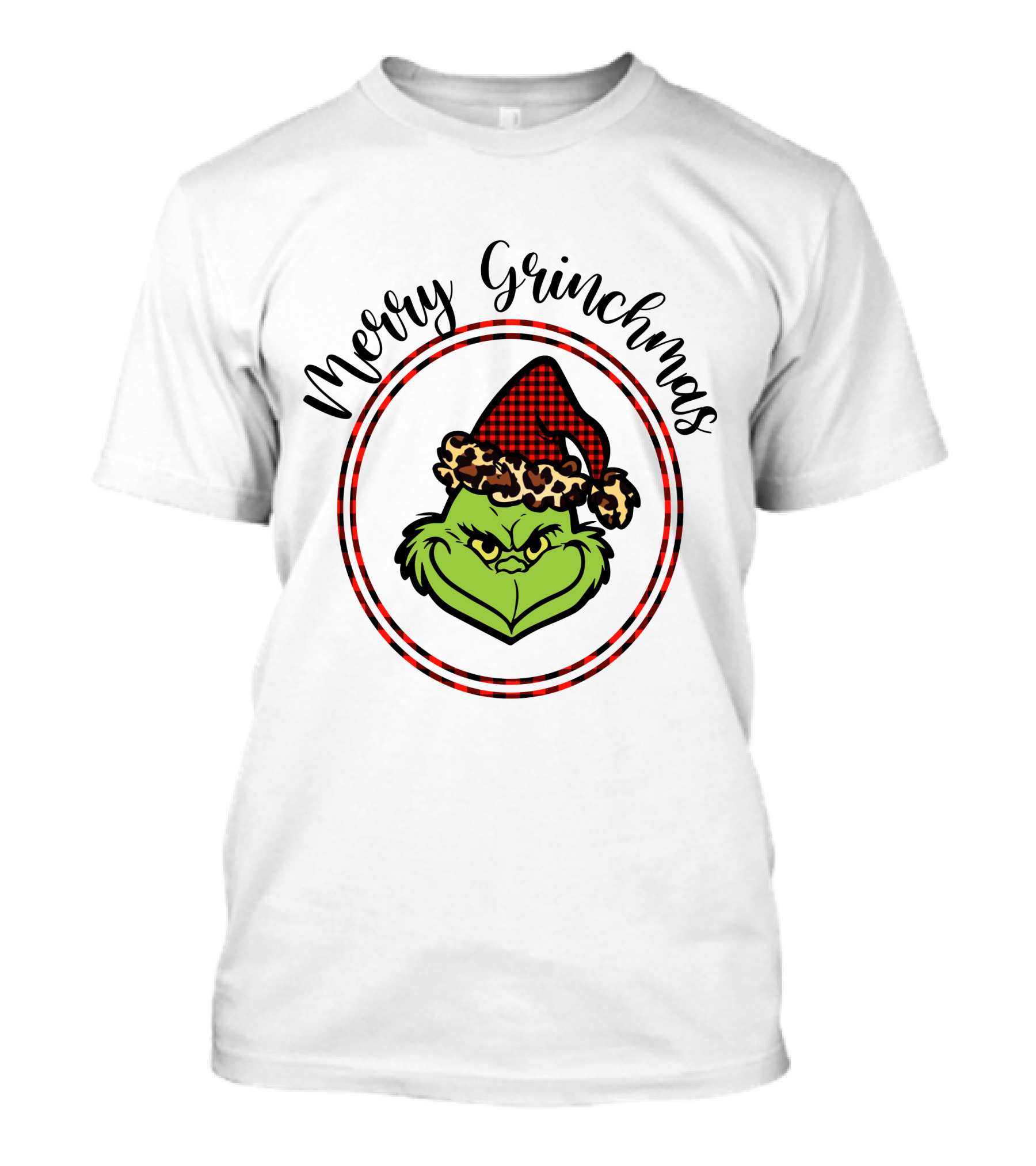 Merry Grinchmas Plaid Santa Hat Grinch Face T-Shirt