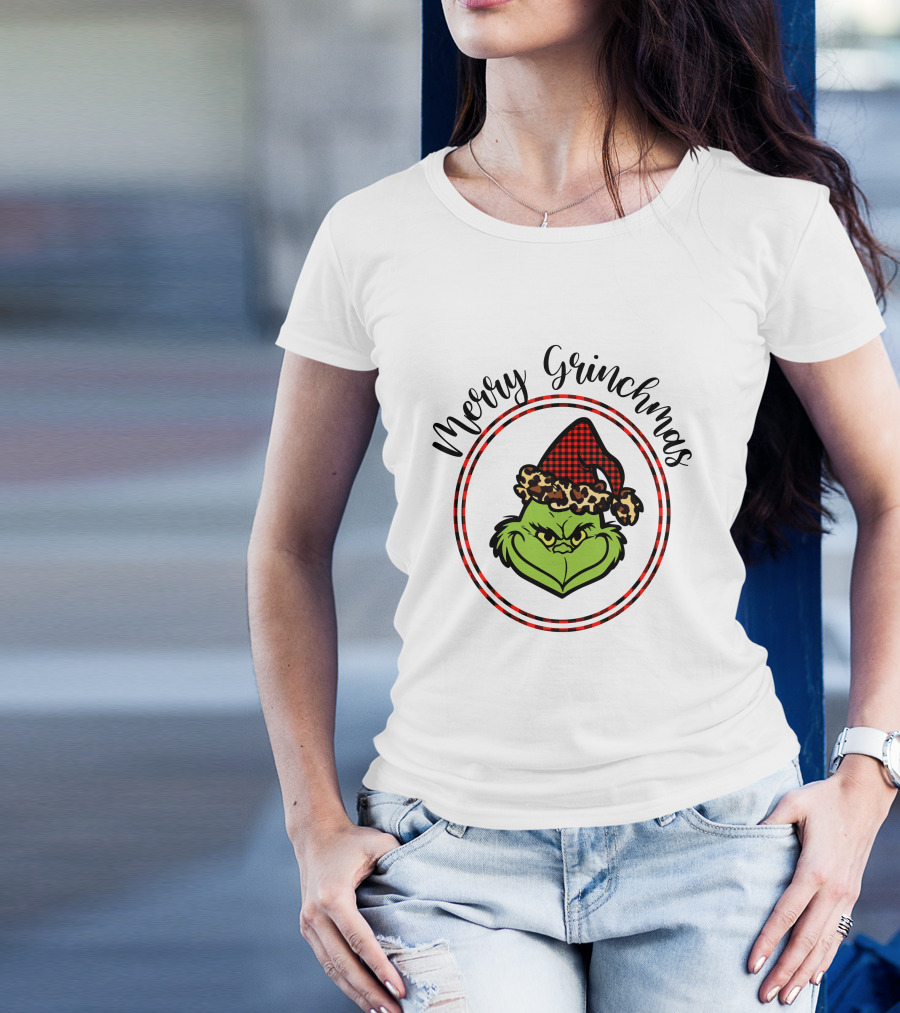 Merry Grinchmas Plaid Santa Hat Grinch Face T-Shirt