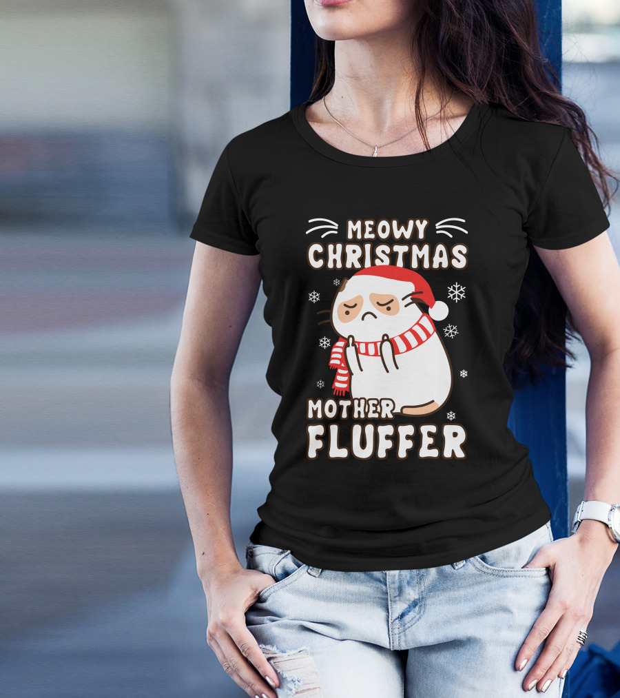 Meowy Christmas Mother Fluffer Santa Cat Snowflakes T-Shirt