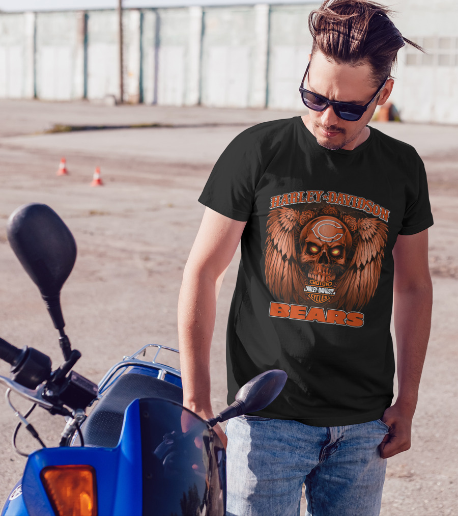 Harley Davidson Chicago Bears Motor Cycles Skull T-Shirt