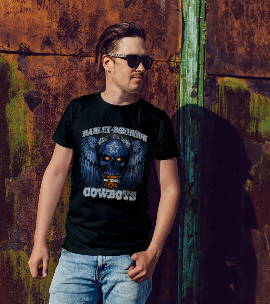 Harley Davidson Cycles Cowboys Skull With Wings And Star T-Shirt
