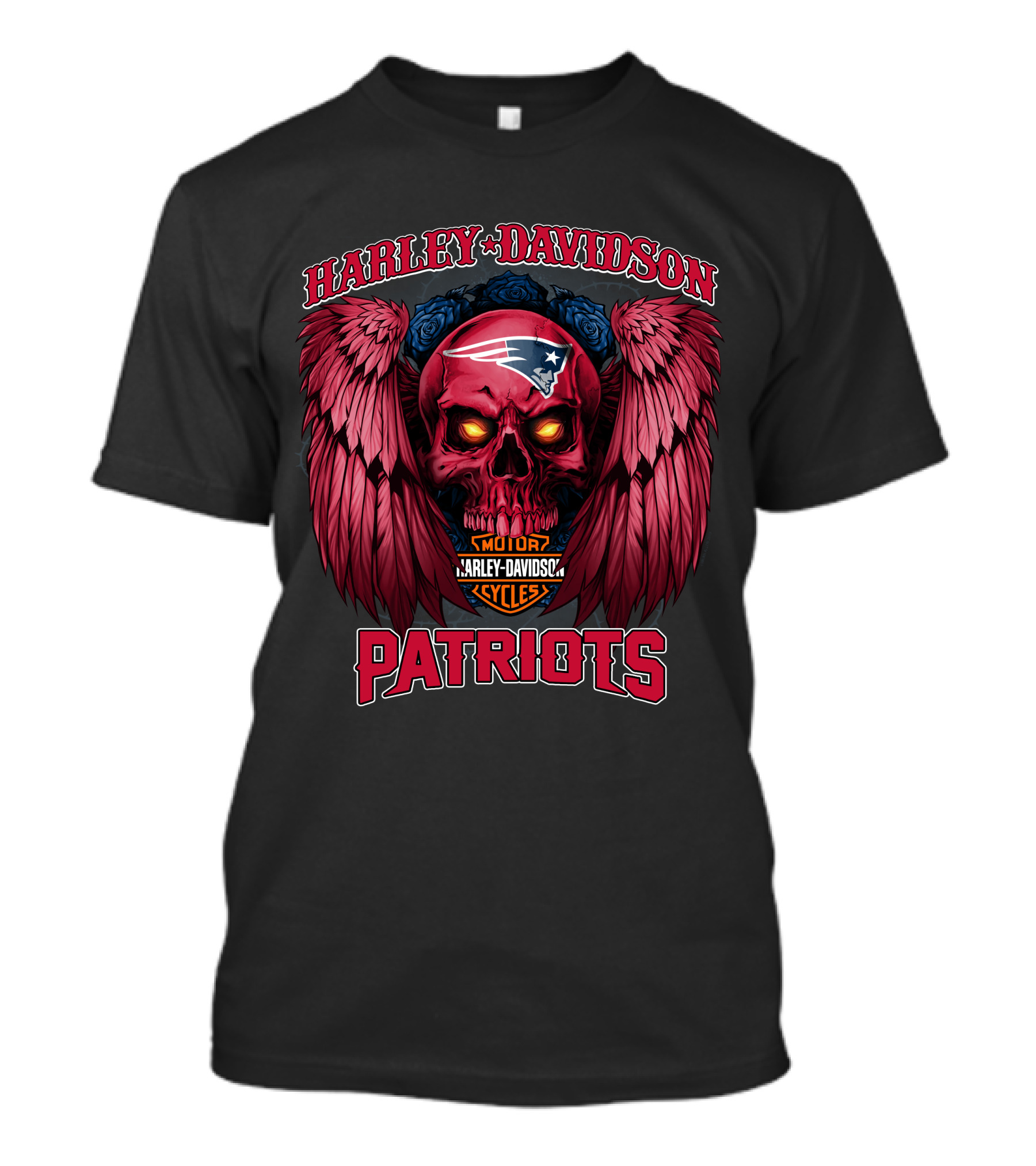 Harley Davidson Motor Cycles New England Patriots Skull Wings T-Shirt