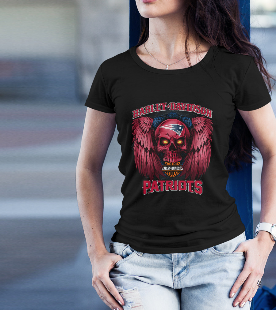Harley Davidson Motor Cycles New England Patriots Skull Wings T-Shirt