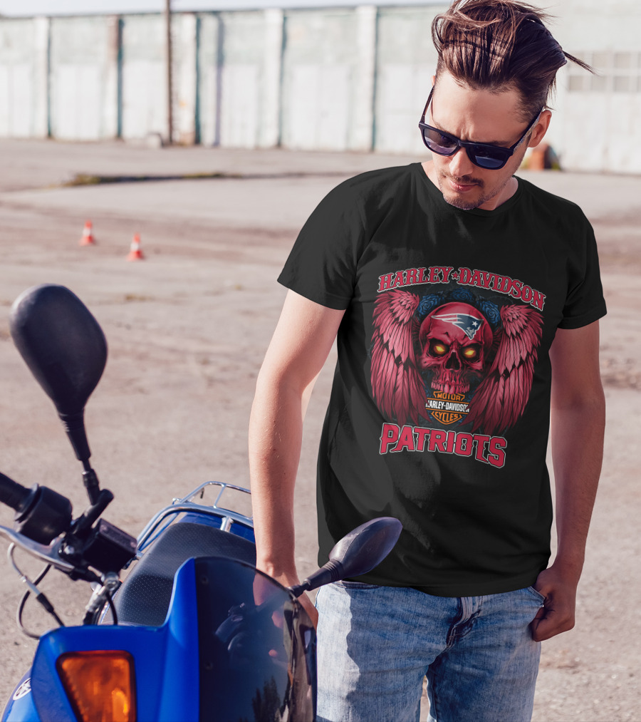 Harley Davidson Motor Cycles New England Patriots Skull Wings T-Shirt