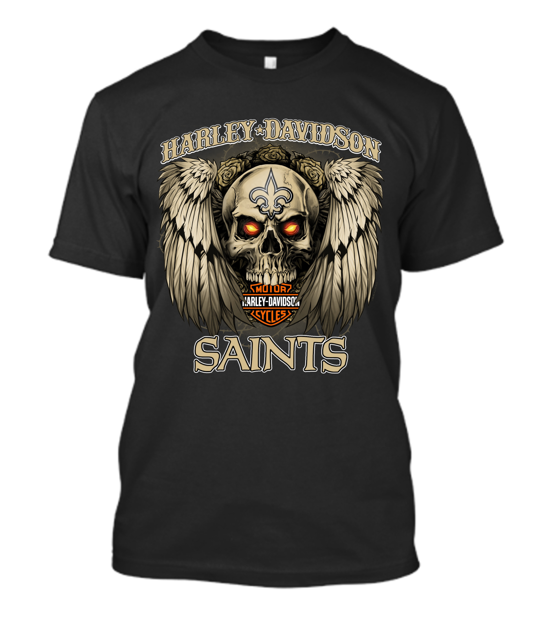 Harley Davidson Motor Cycles New Orleans Saints Skull Wings Fleur-De-Lis T-Shirt