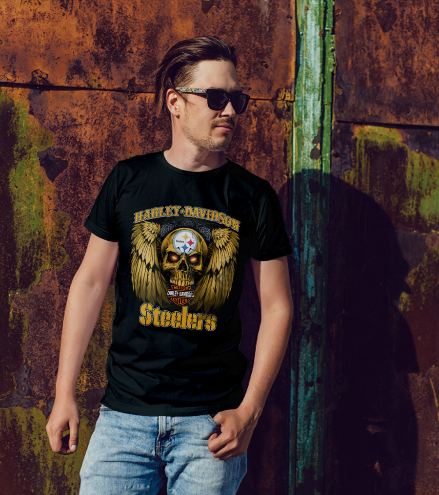 Harley Davidson Steelers Skull With Wings T-Shirt