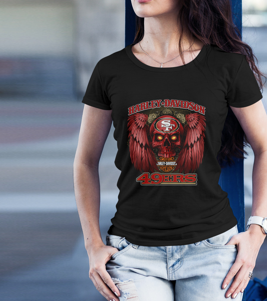 Harley Davidson San Francisco 49ers Sf Motorcycles Skull Wings T-Shirt