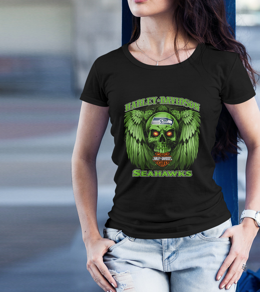 Harley Davidson Motor Cycles Seattle Seahawks Skull Wings T-Shirt