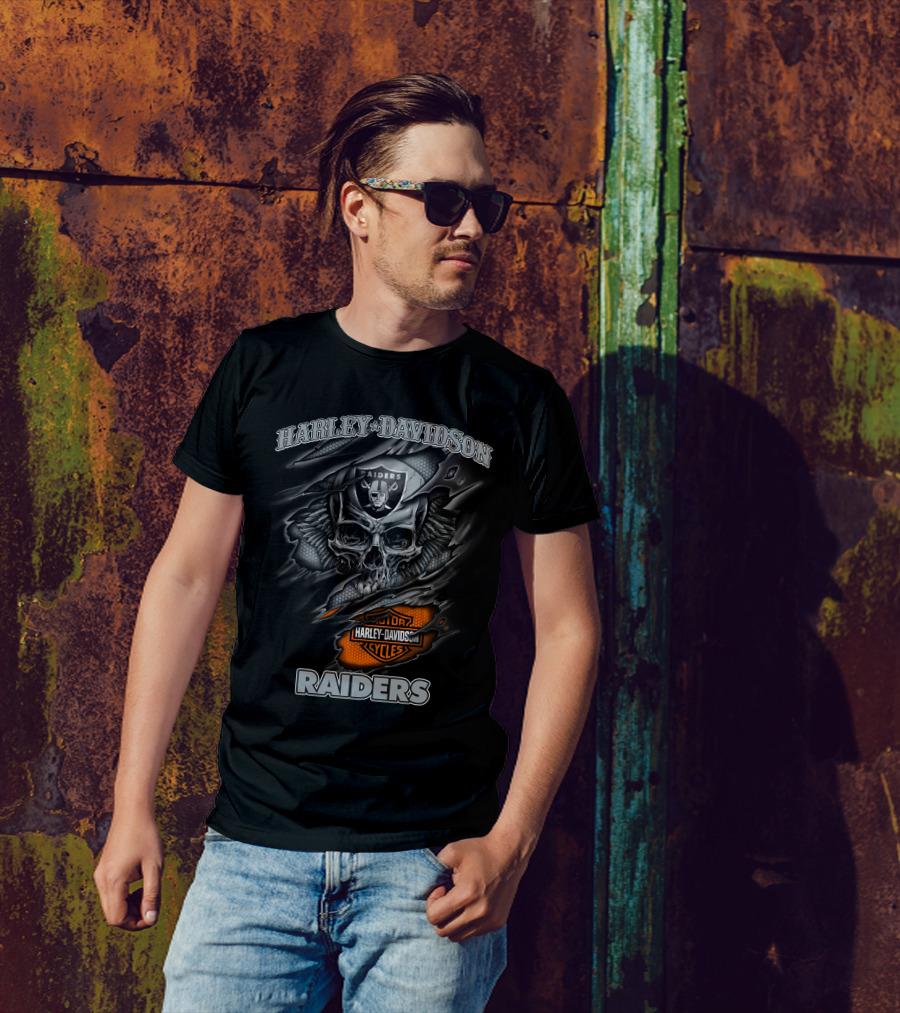 Harley Davidson Raiders Skull Graphic With Motor Cycles Logo Nfl 12.30 Las Vegas Raiders T-Shirt