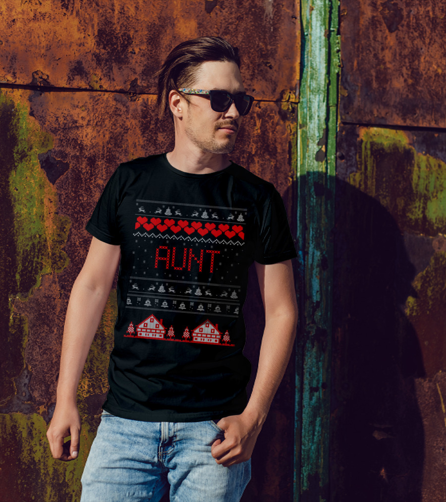 Aunt Ugly Christmas Sweater Heart Houses Snowflakes Reindeer T-Shirt