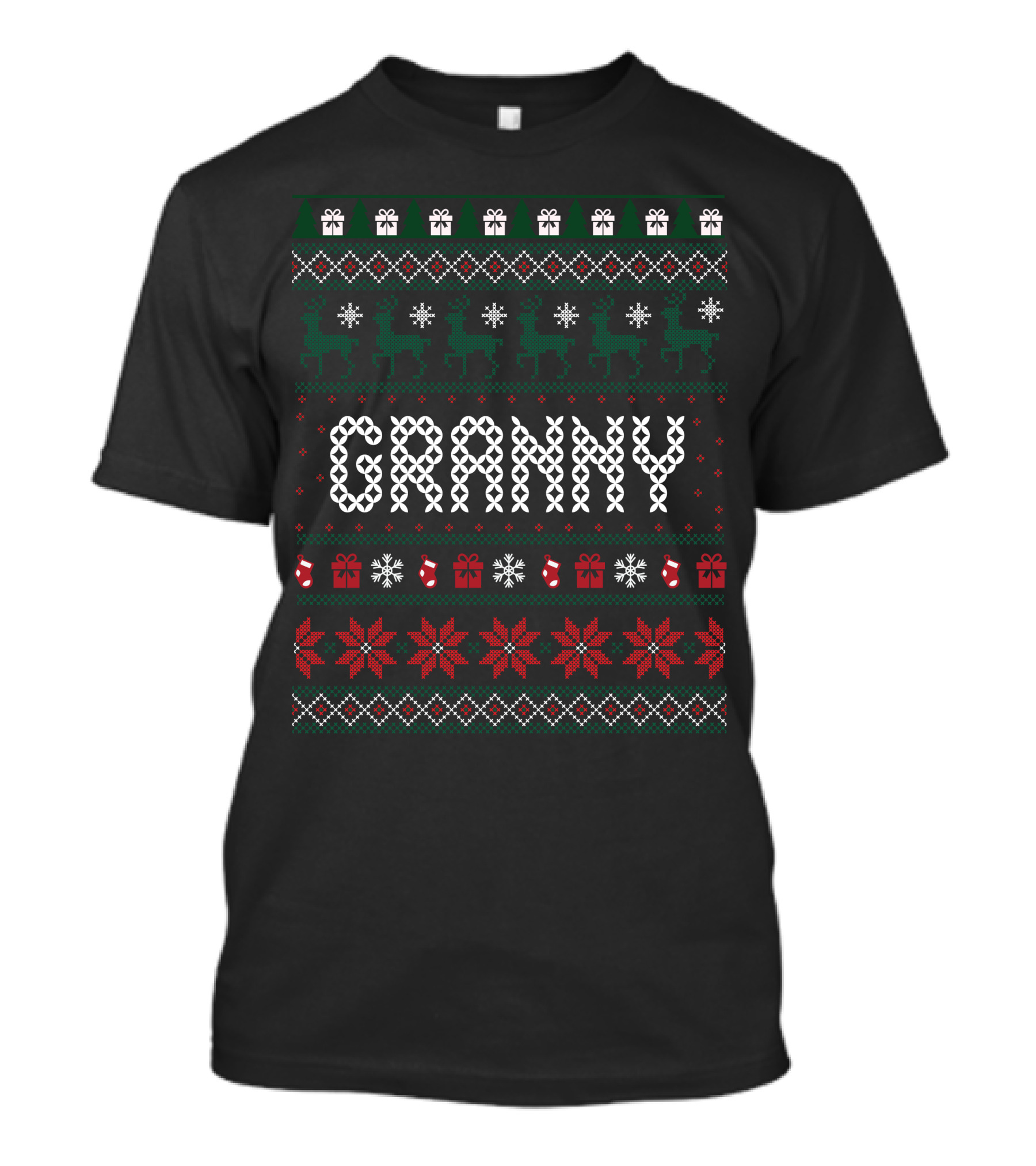 Granny Christmas Ugly Sweater Pattern Reindeer Snowflakes Flowers Gifts T-Shirt