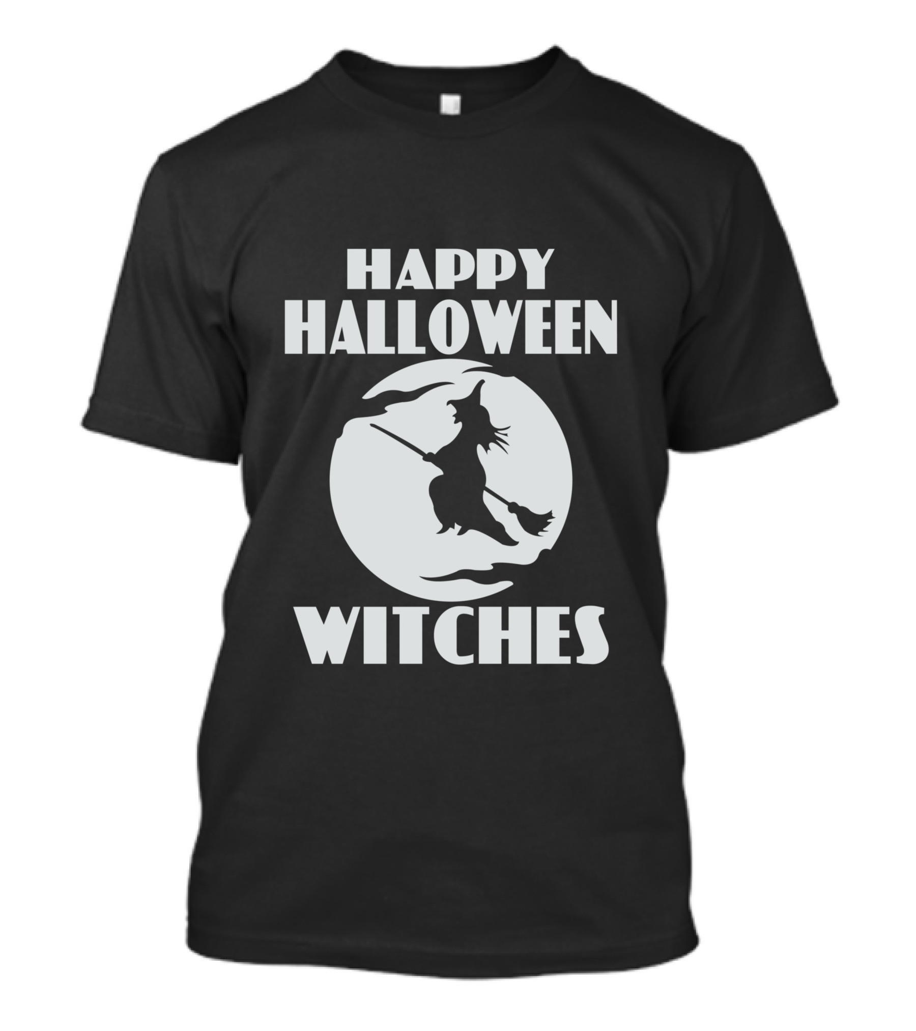 Happy Halloween Witches Flying On Broomstick Silhouette Moon Background T-Shirt