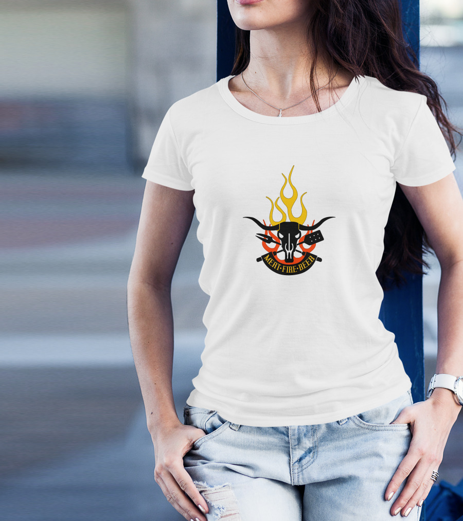 Meat Fire Beer Father BBQ Flame Steer Skull T-Shirt