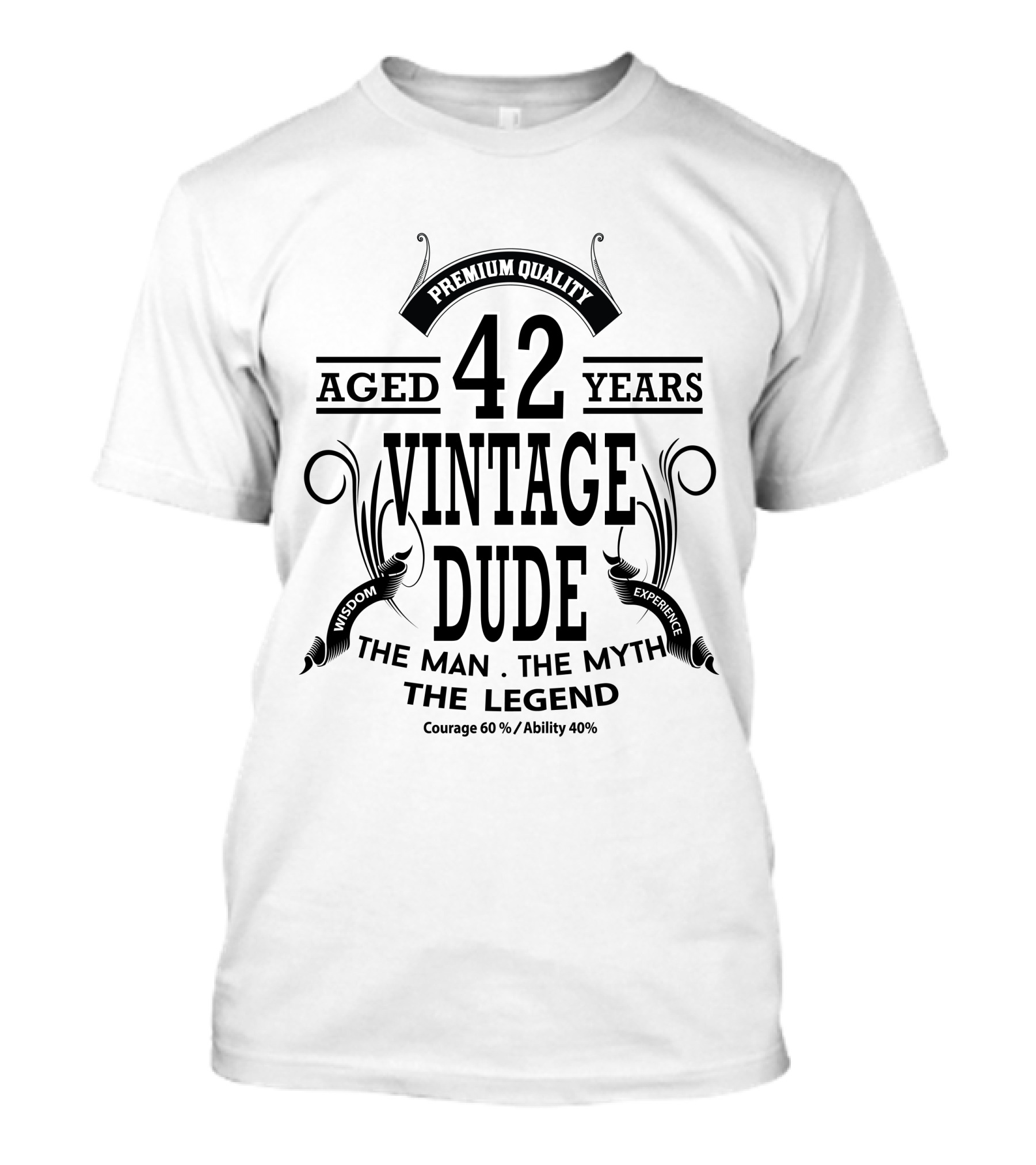 Premium Quality Aged 42 Years Vintage Dude The Man The Myth The Legend Wisdom Experience Courage 60% Ability 40% T-Shirt
