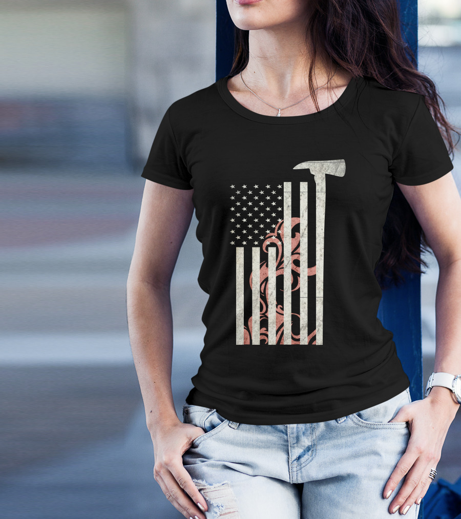 American Firefighter Axe Flag With Stars And Flames T-Shirt