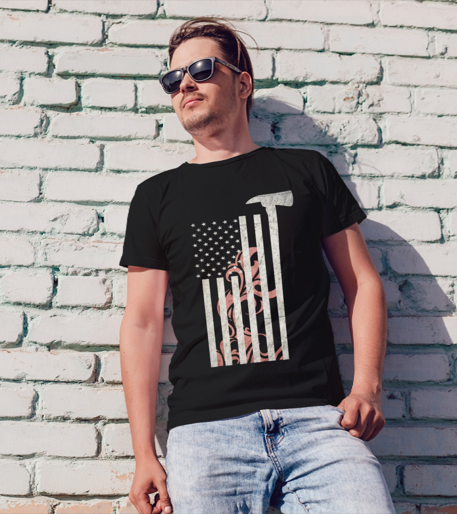 American Firefighter Axe Flag With Stars And Flames T-Shirt