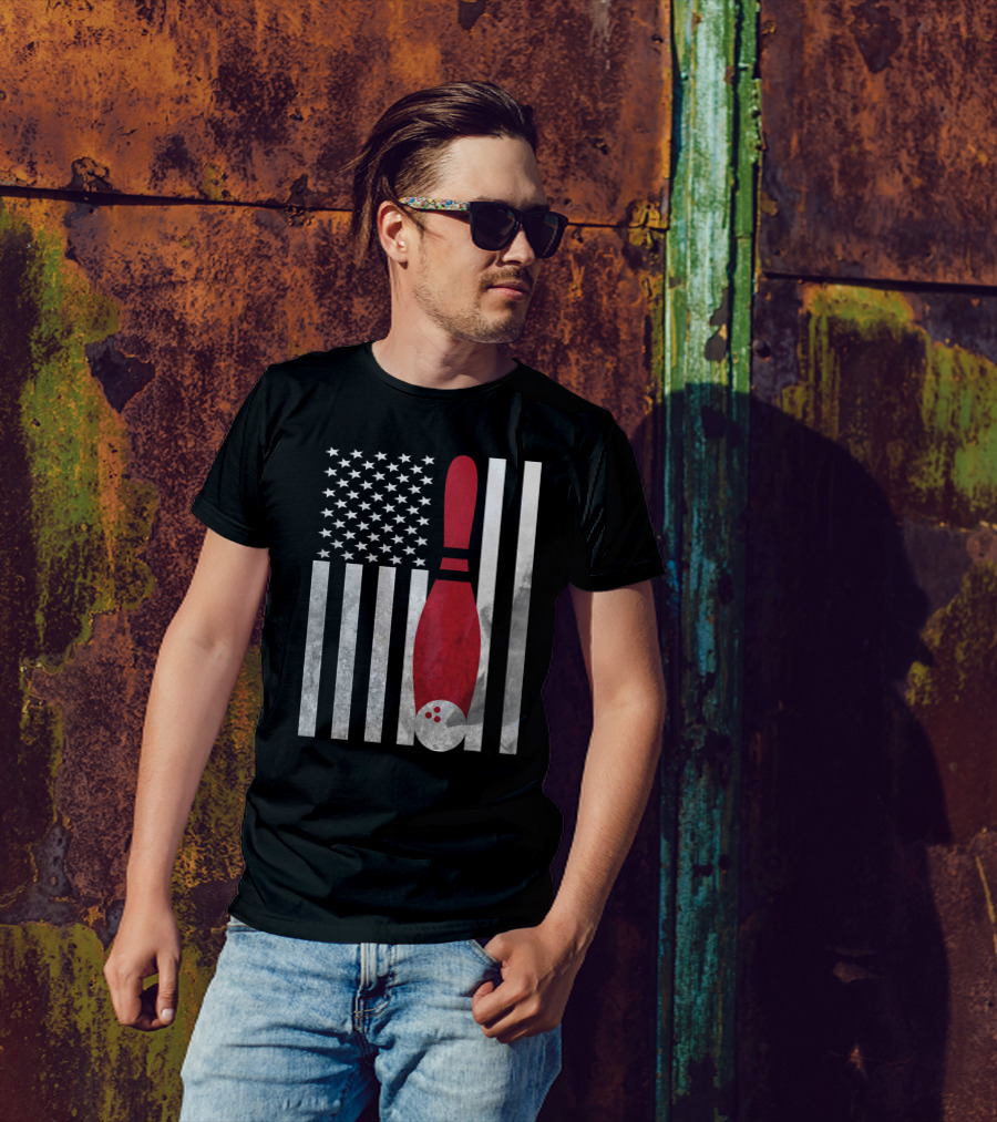American Flag Bowling Pin Stripes Bowler T-Shirt