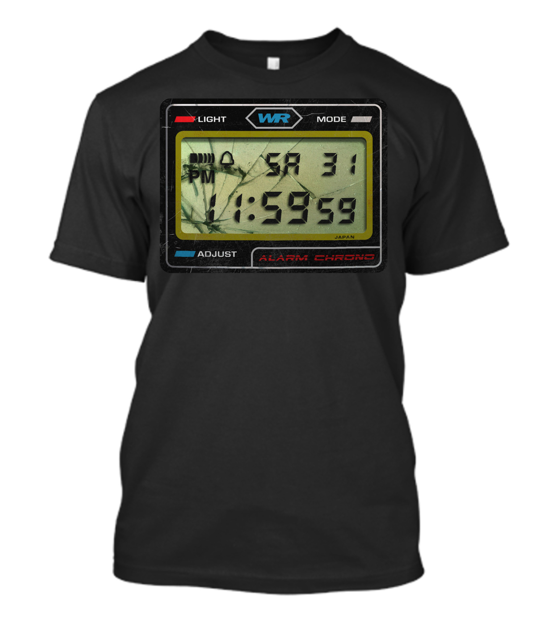 WR Digital Alarm Chrono Japan SA 31 11:59:59 Cracked Screen T-Shirt