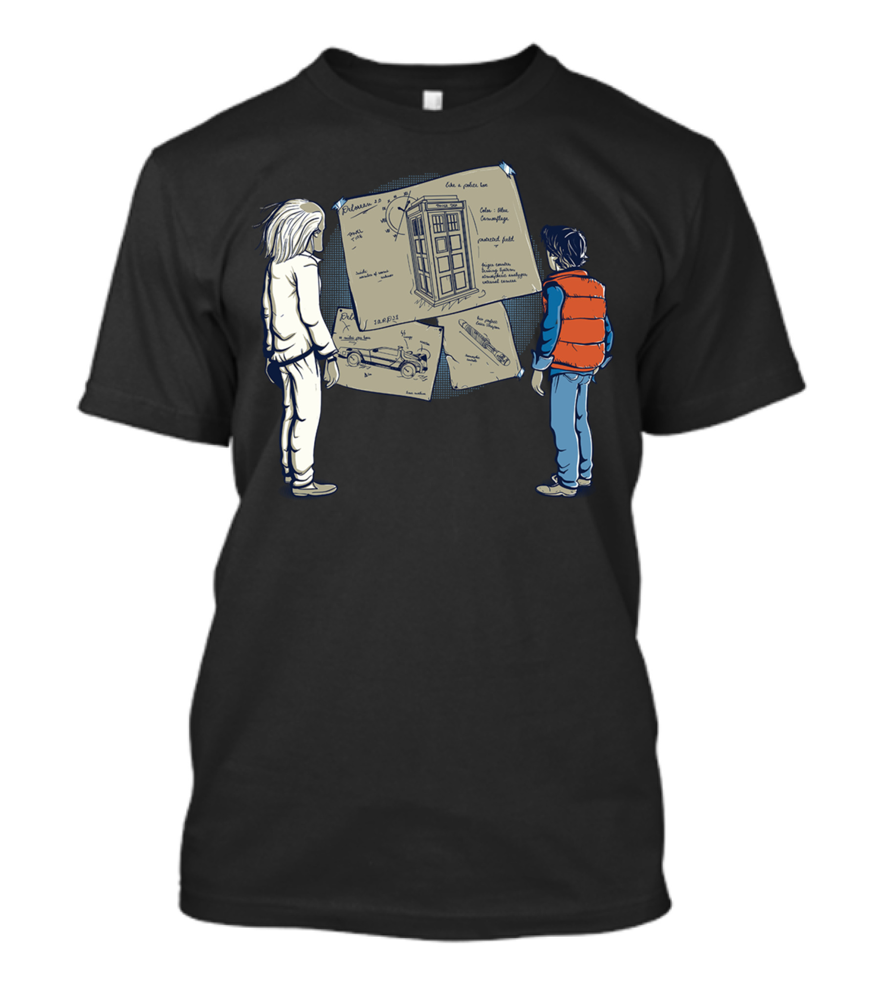 The Doctor And Marty Examine TARDIS And DeLorean Schematics T-Shirt