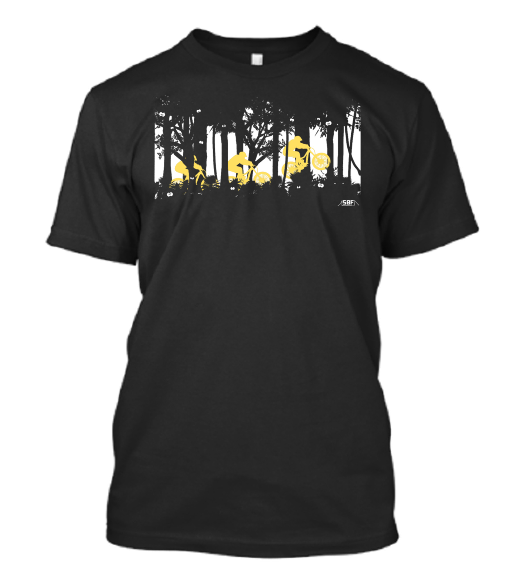 Forest Jump Bicycle Adventure Through Woodland Shadows T-Shirt
