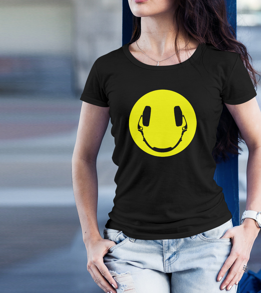 Headphones Smiley Face Yellow Circle T-Shirt