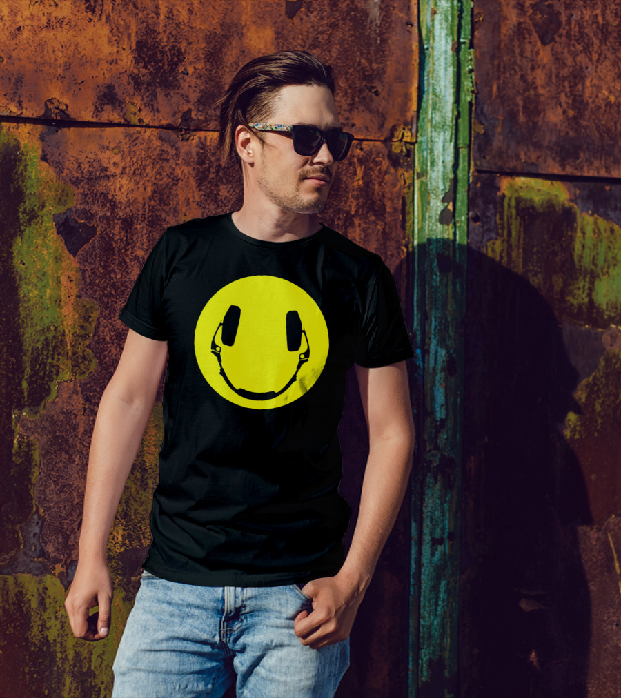 Headphones Smiley Face Yellow Circle T-Shirt