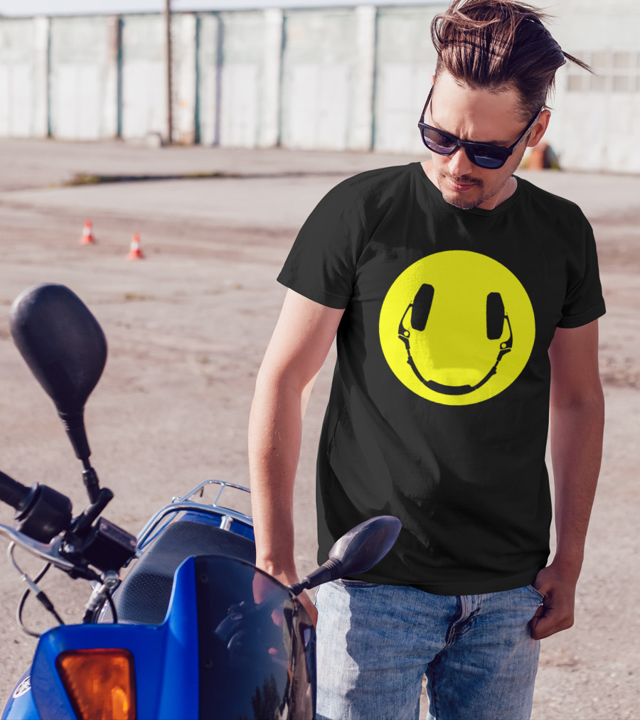 Headphones Smiley Face Yellow Circle T-Shirt
