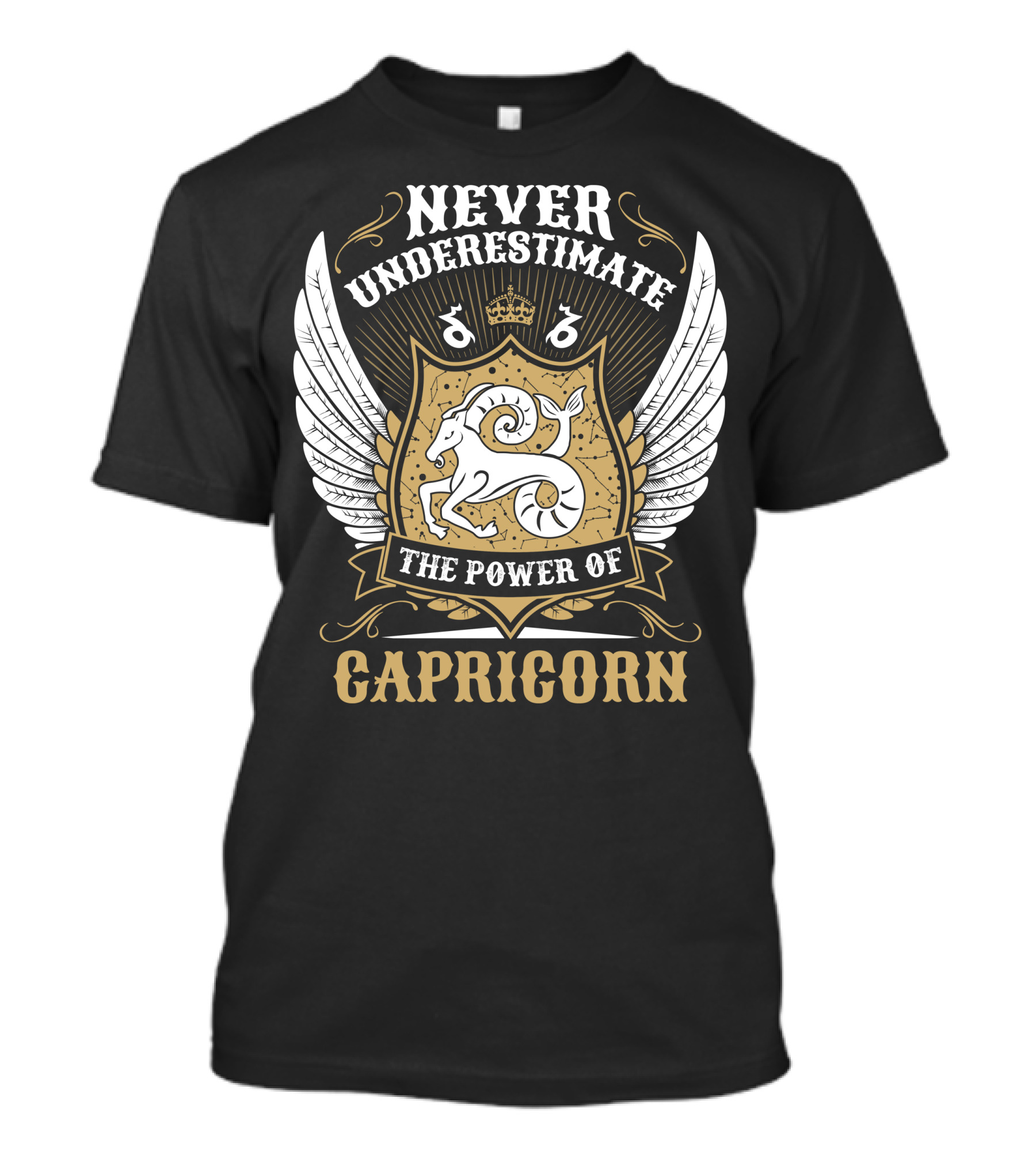 Never Underestimate The Power Of Capricorn With Regal Wings And Zodiac Emblem T-Shirt