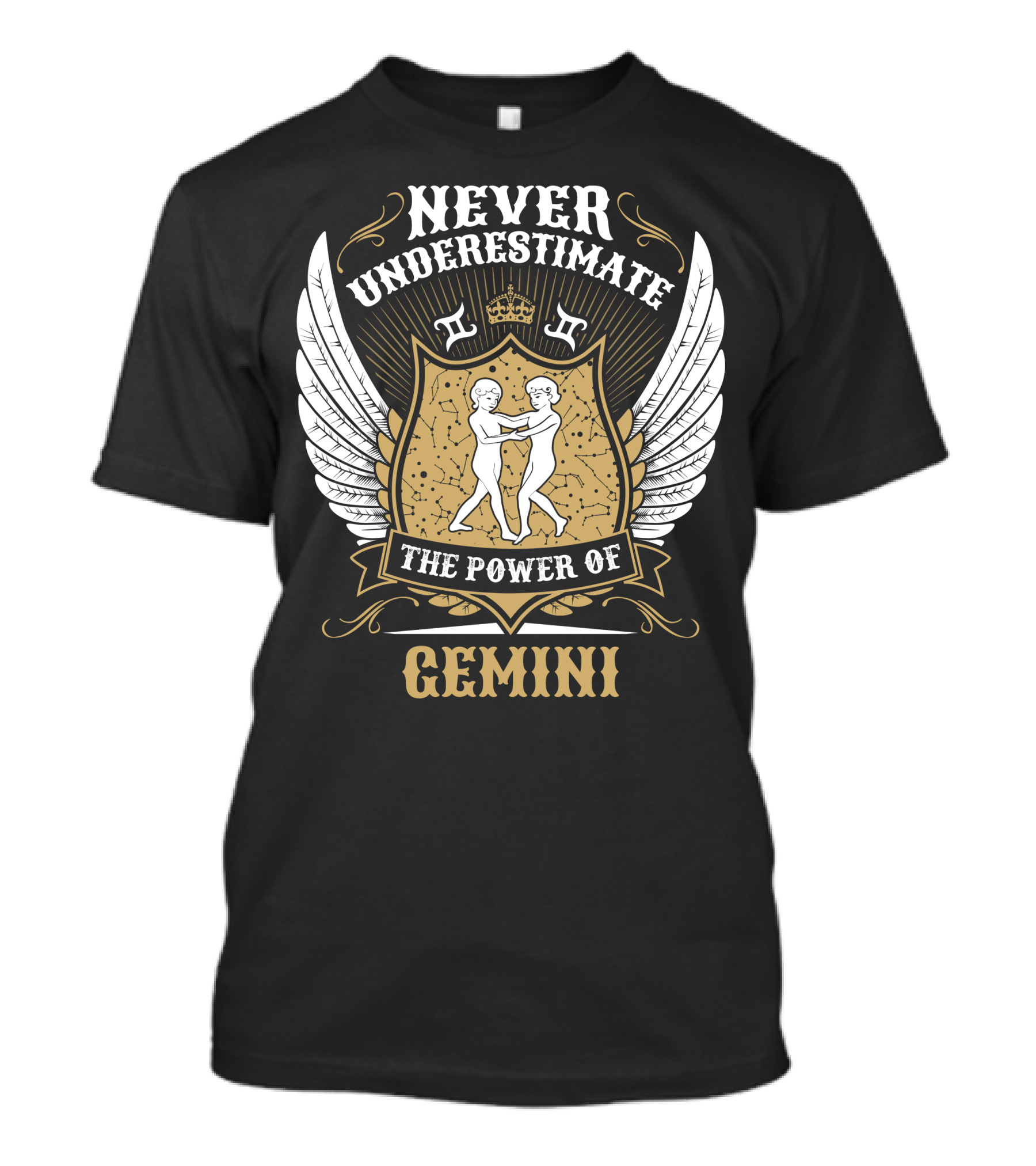 Never Underestimate The Power Of Gemini With Shield, Crown, Twins, And Wings T-Shirt