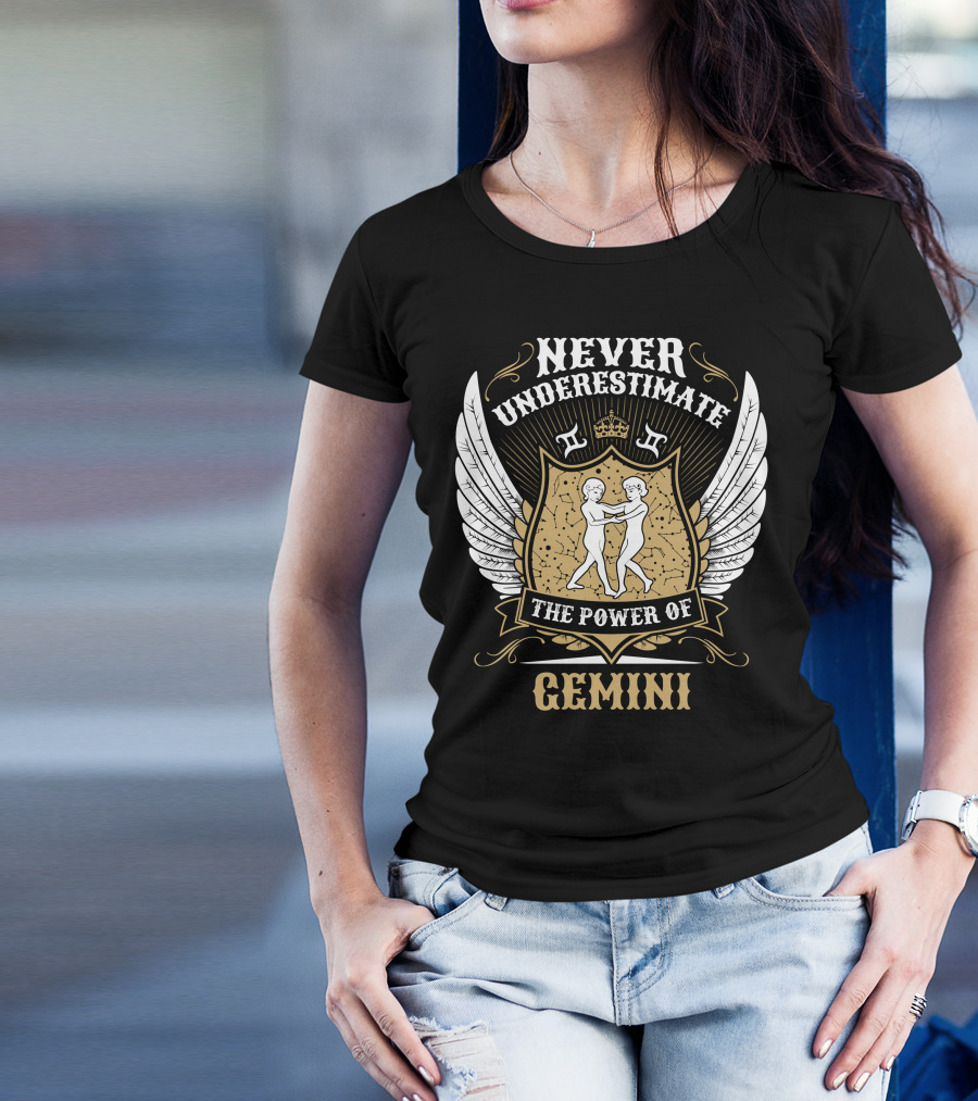 Never Underestimate The Power Of Gemini With Shield, Crown, Twins, And Wings T-Shirt