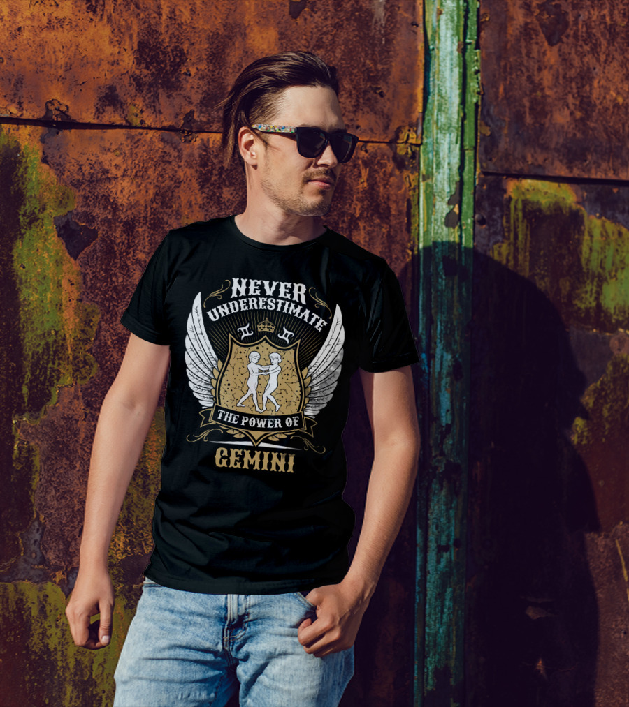Never Underestimate The Power Of Gemini With Shield, Crown, Twins, And Wings T-Shirt