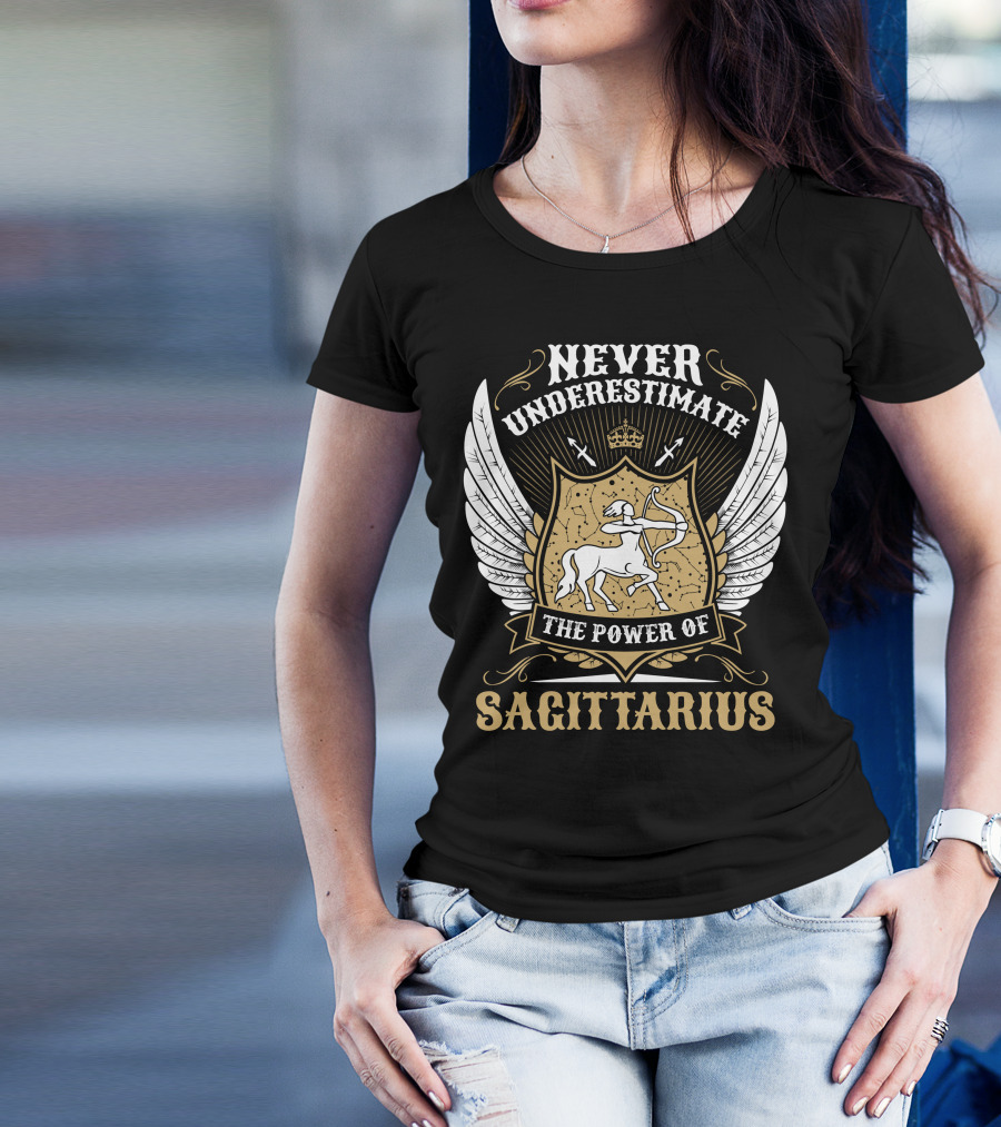 Never Underestimate The Power Of Sagittarius Crest With Archer And Wings T-Shirt