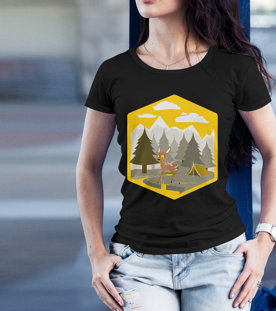 Ohh My Dear Forest Camping Adventure With Deer And Tent In Mountains T-Shirt