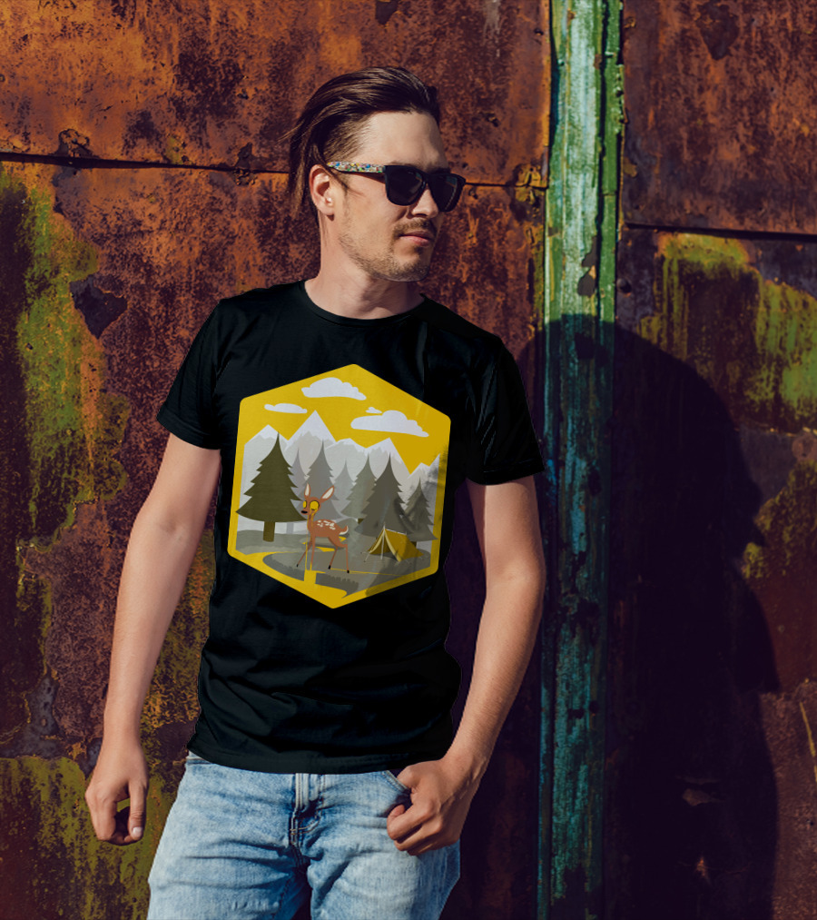 Ohh My Dear Forest Camping Adventure With Deer And Tent In Mountains T-Shirt