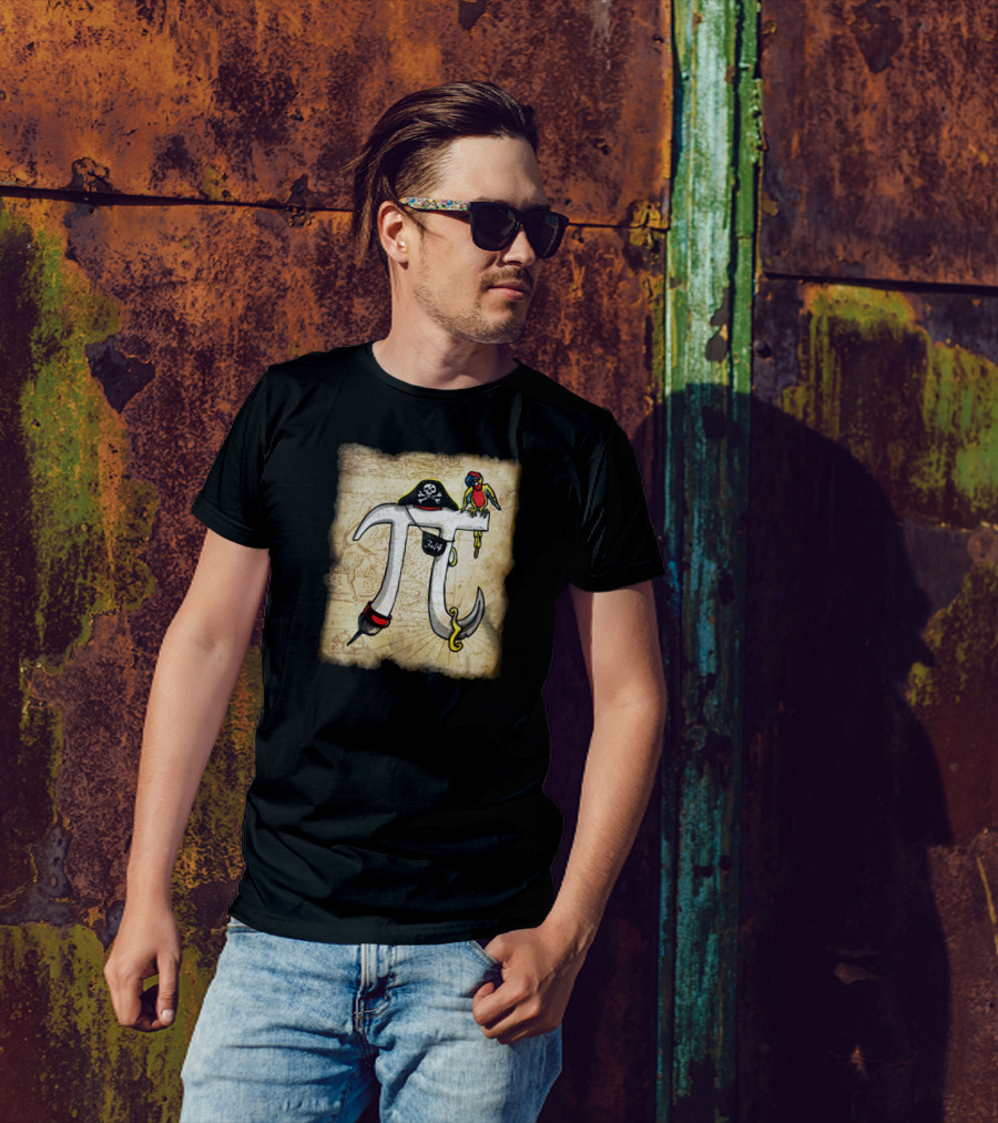 Pirate Pi Symbol With Skull Hat And Parrot On Vintage Map T-Shirt
