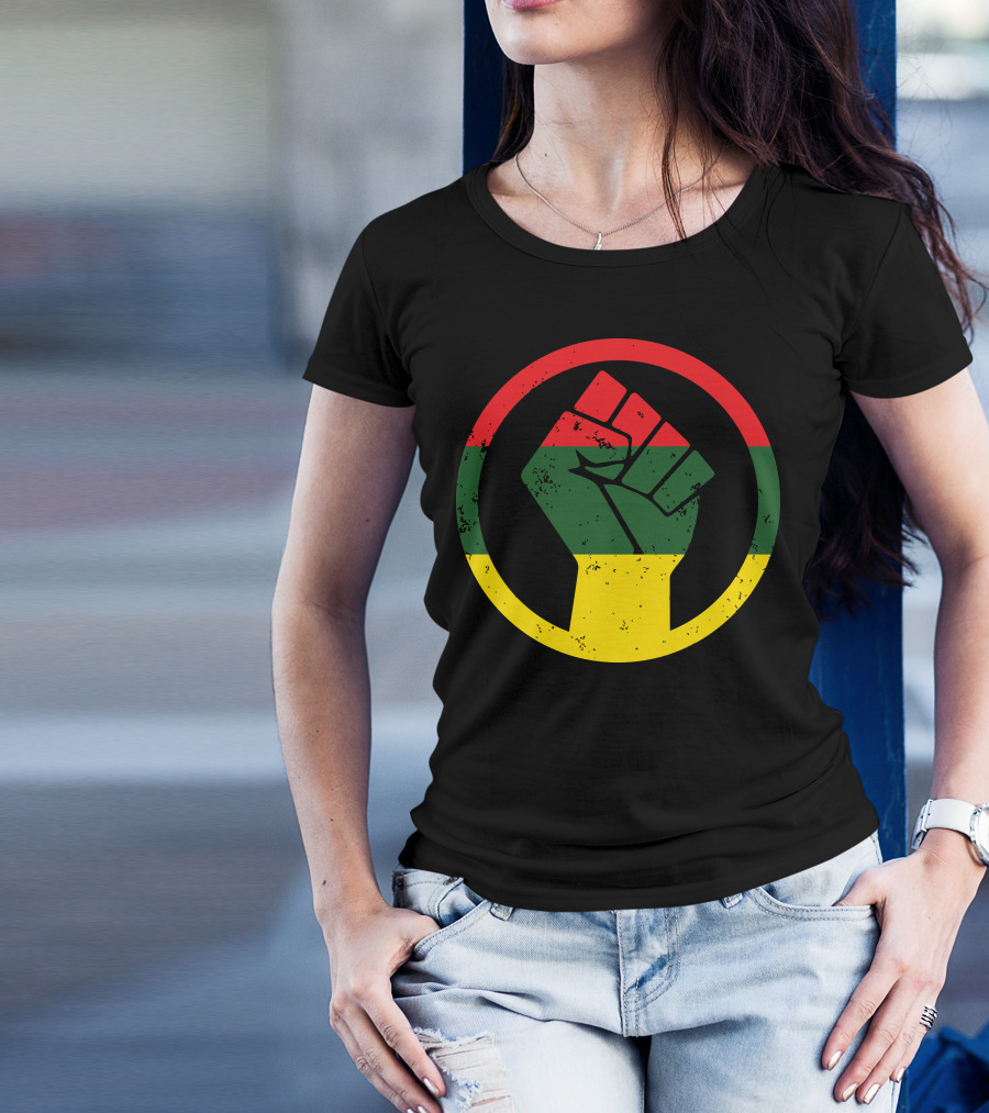 Rasta Black Power Fist With Red Green Yellow Circle T-Shirt