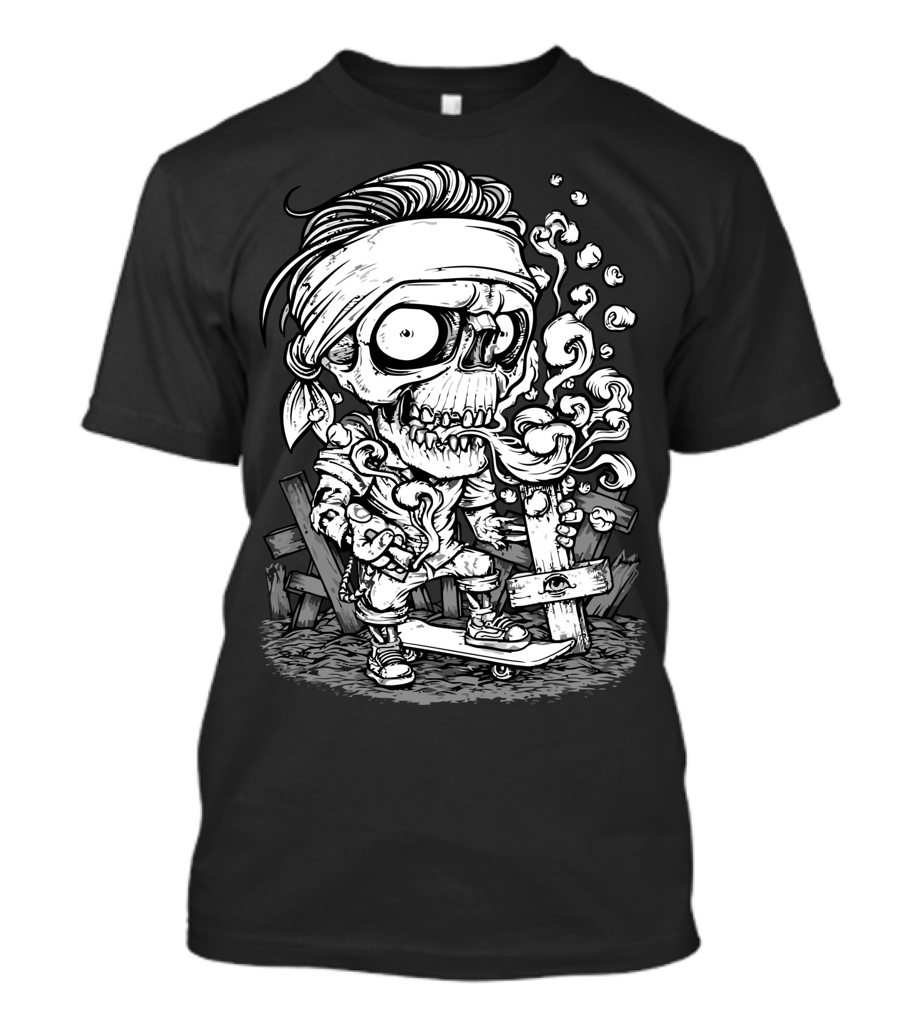 Rasta Skull Skateboarding With Smoke And Bandana T-Shirt